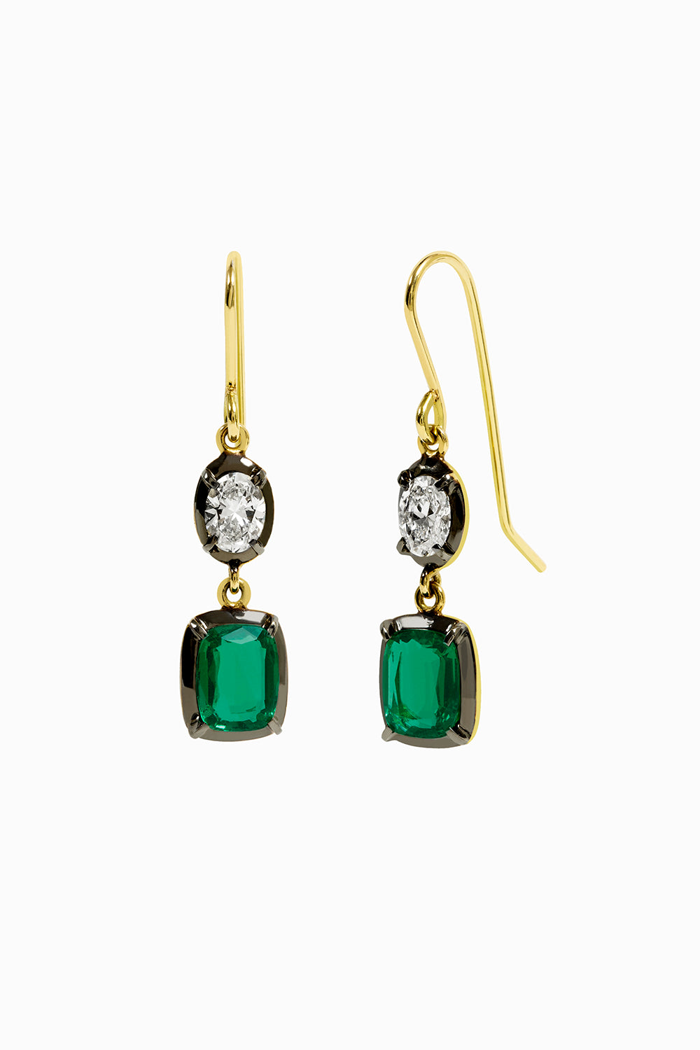 Emeralds hook earrings with oval diamonds